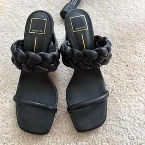 Dolce Vita Black Braided Strap Square-Toe Slide Sandals